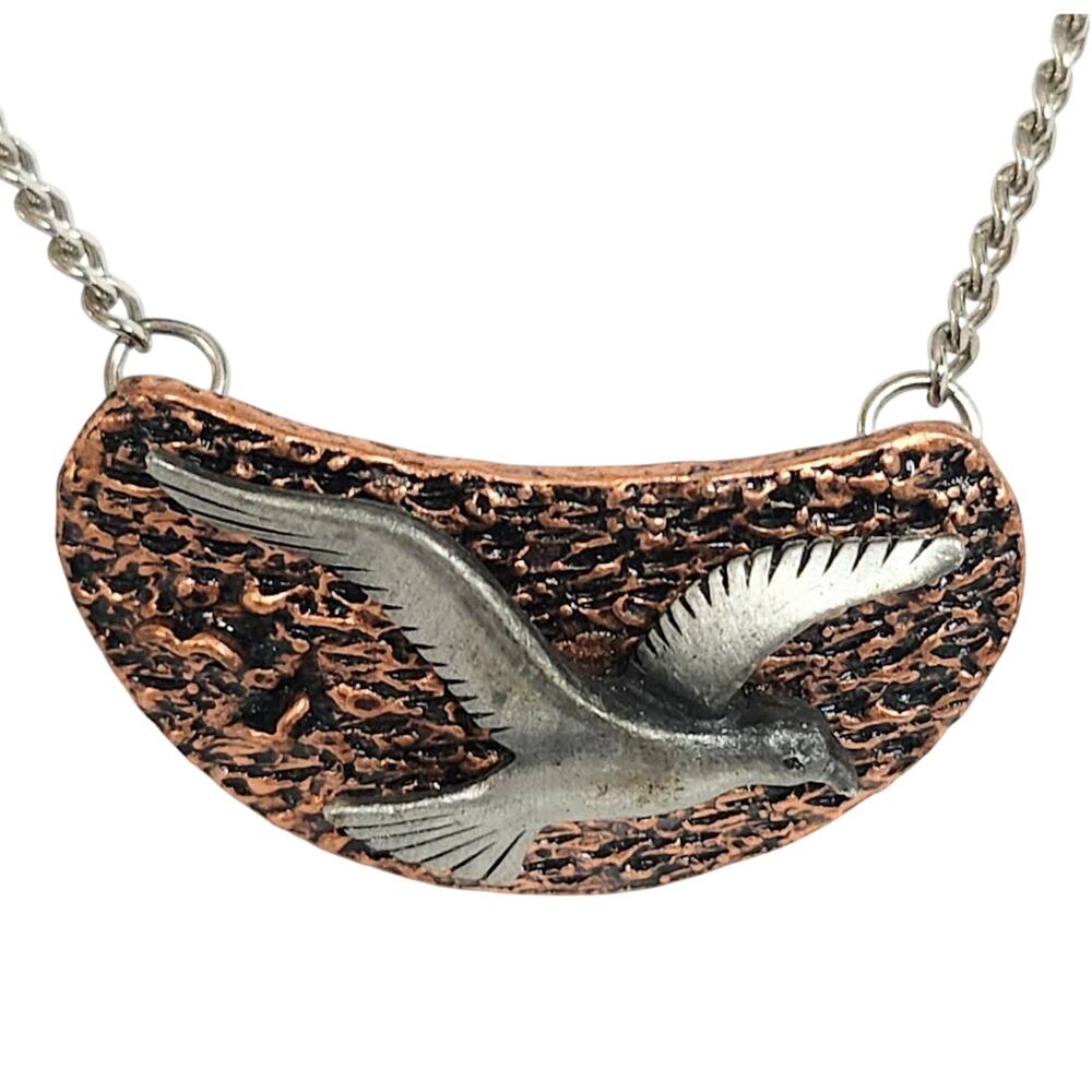 Vtg MCM  Hammered Copper and Pewter Seagull Albatross Flying Bird Necklace